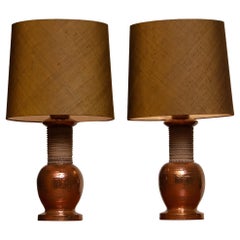 1960s, Pair of Ceramic and Copper Bitossi Italy Table Lamps for Bergboms Sweden