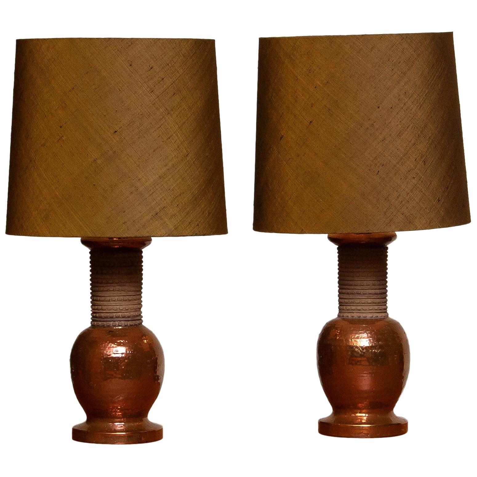 1960s, Pair of Ceramic and Copper Bitossi Italy Table Lamps for Bergboms, Sweden