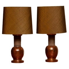 1960s, Pair of Ceramic and Copper Bitossi Italy Table Lamps for Bergboms, Sweden