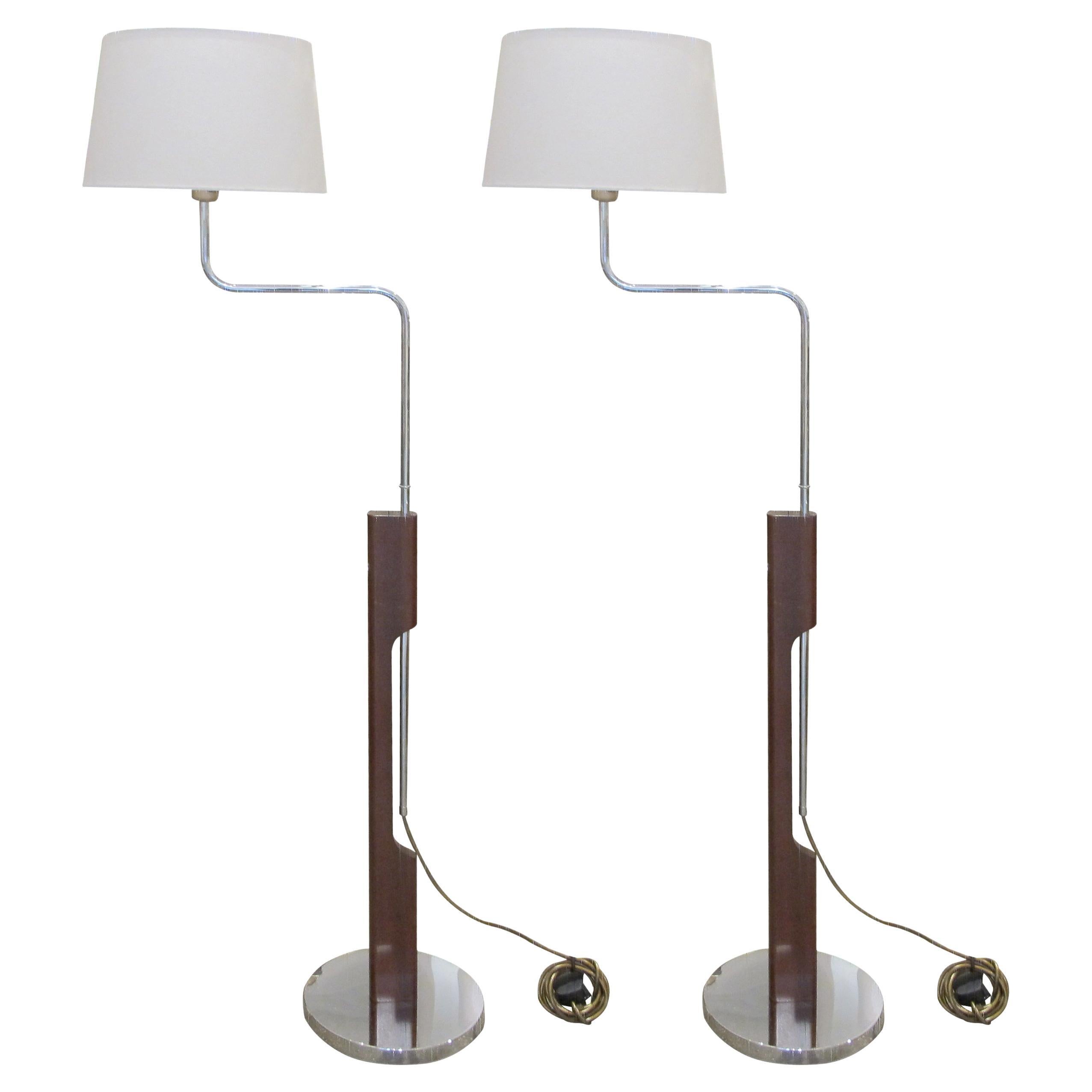 1960s Pair of Chrome and Walnut Swivel Bracket Floor Lamps, Swedish For Sale