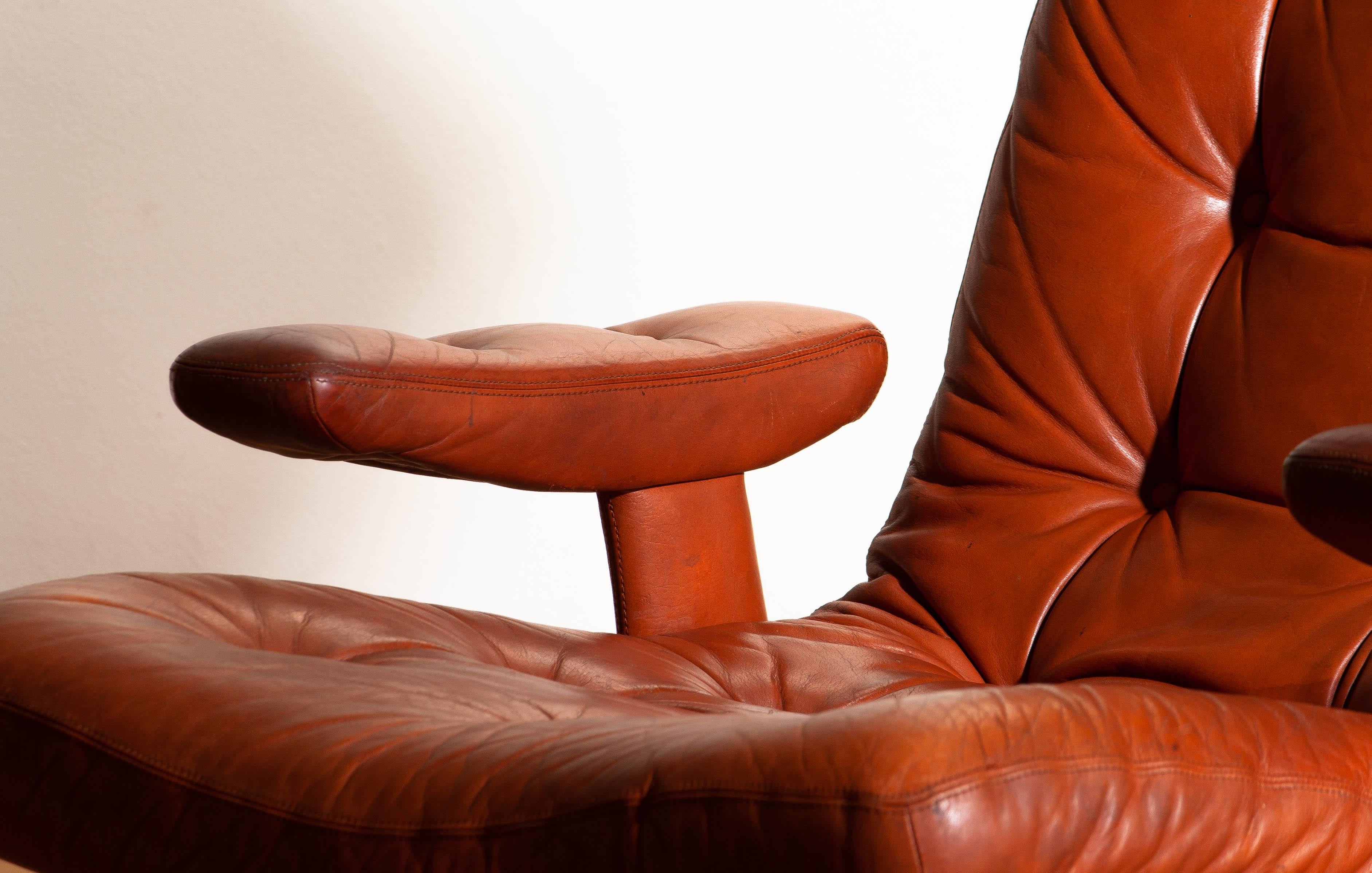 1960s Pair of Cognac Leather Swivel and Relax Lounge Chairs, Göte Design Nässjö 7