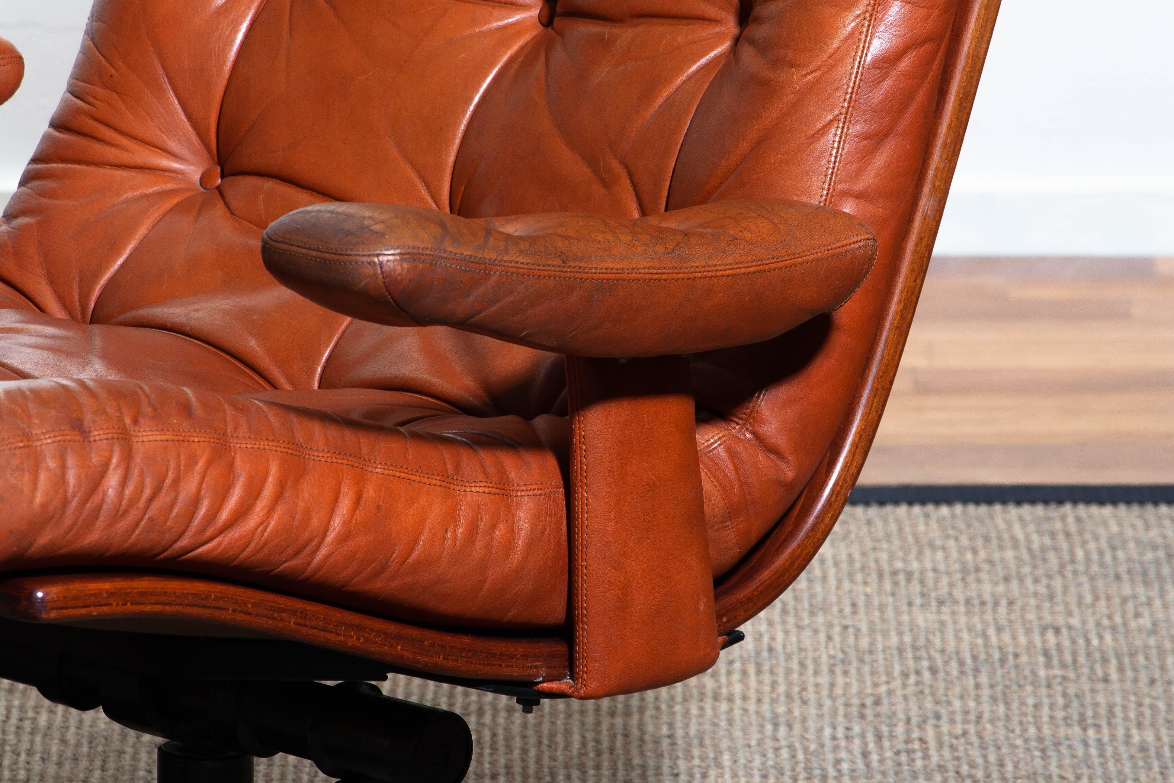 1960s Pair of Cognac Leather Swivel and Relax Lounge Chairs, Göte Design Nässjö 8