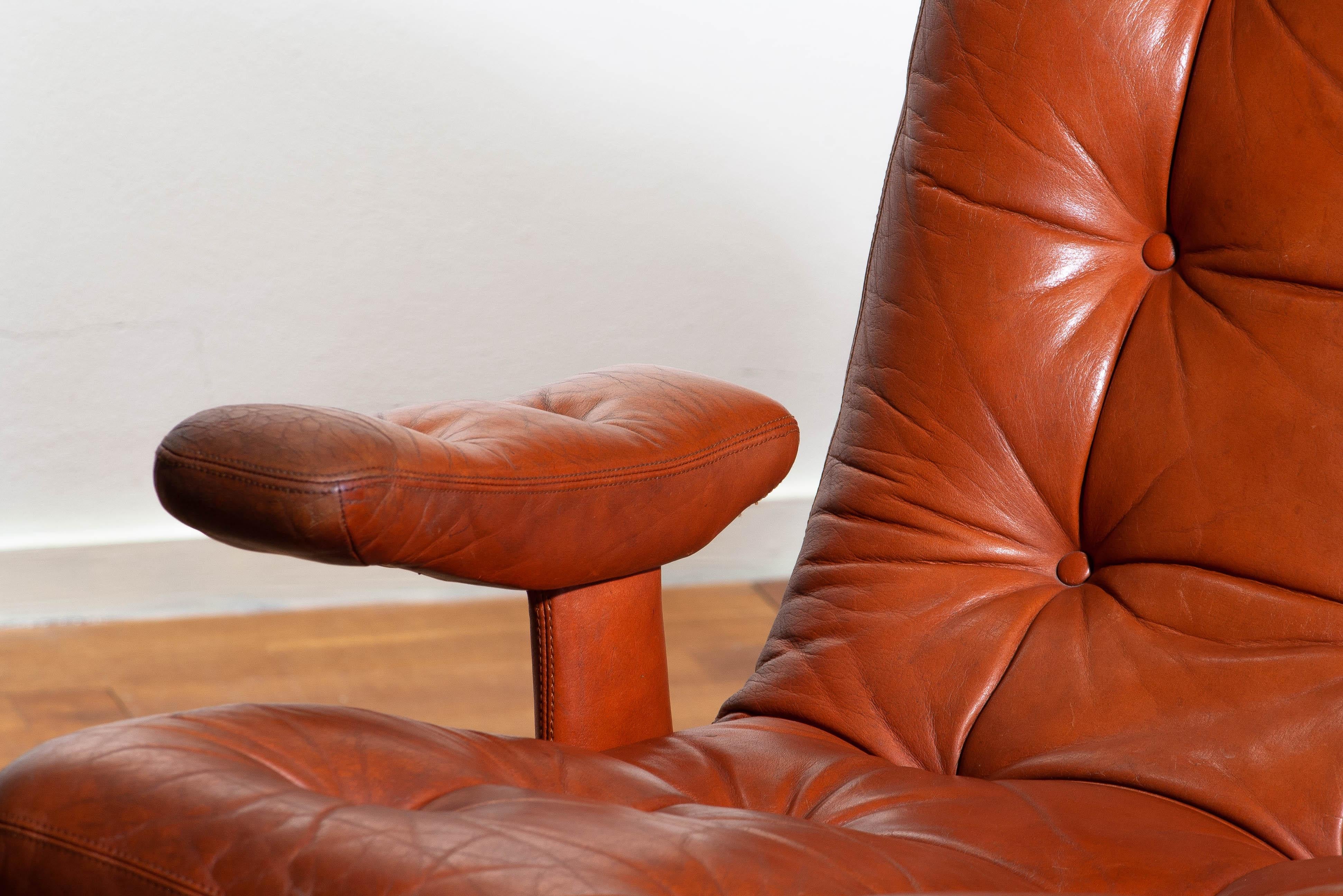 1960s Pair of Cognac Leather Swivel and Relax Lounge Chairs, Göte Design Nässjö 9