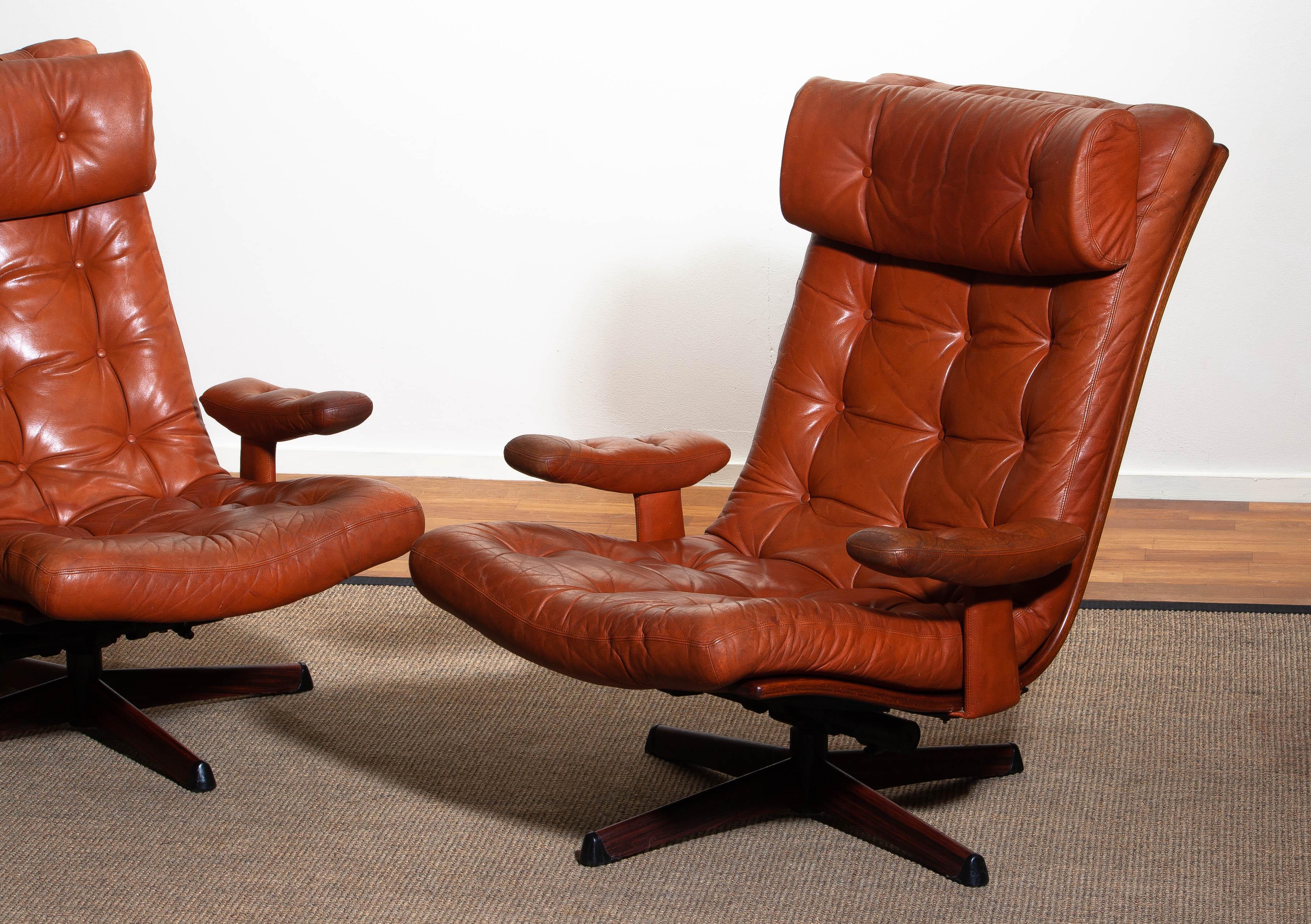 Plywood 1960s Pair of Cognac Leather Swivel / Relax Lounge Chairs by Göte Design Nässjö