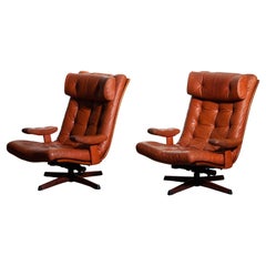 1960s Pair of Cognac Leather Swivel / Relax Lounge Chairs by Göte Design Nässjö