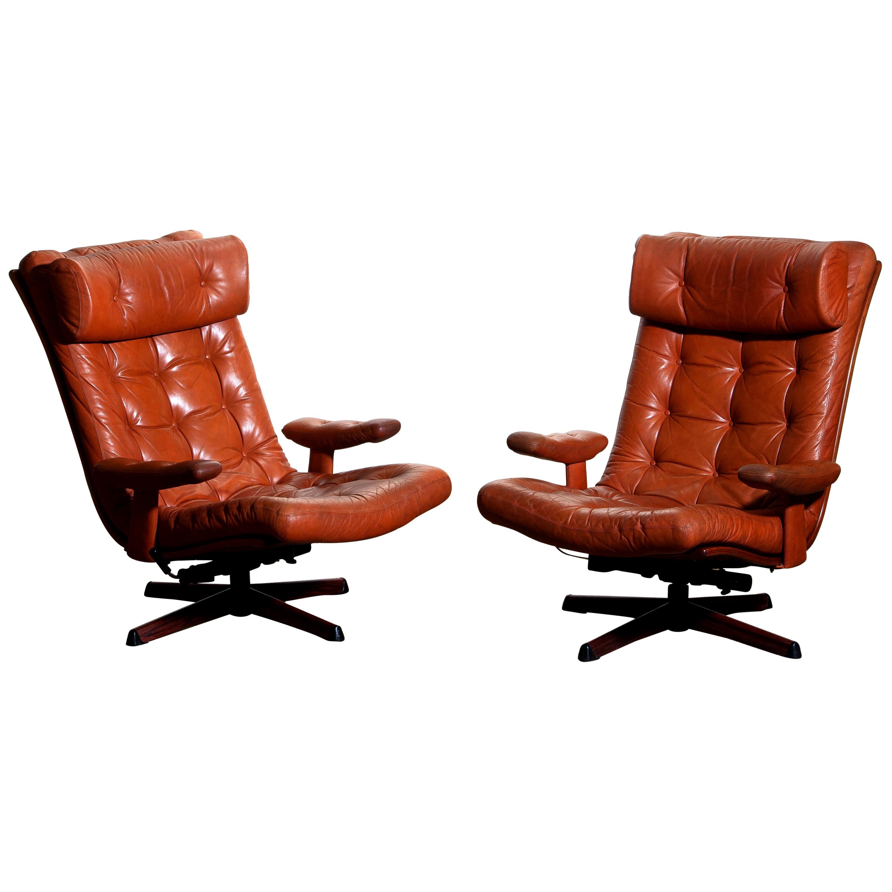 1960s Pair of Cognac Leather Swivel / Relax Lounge Chairs by Göte Design Nässjö