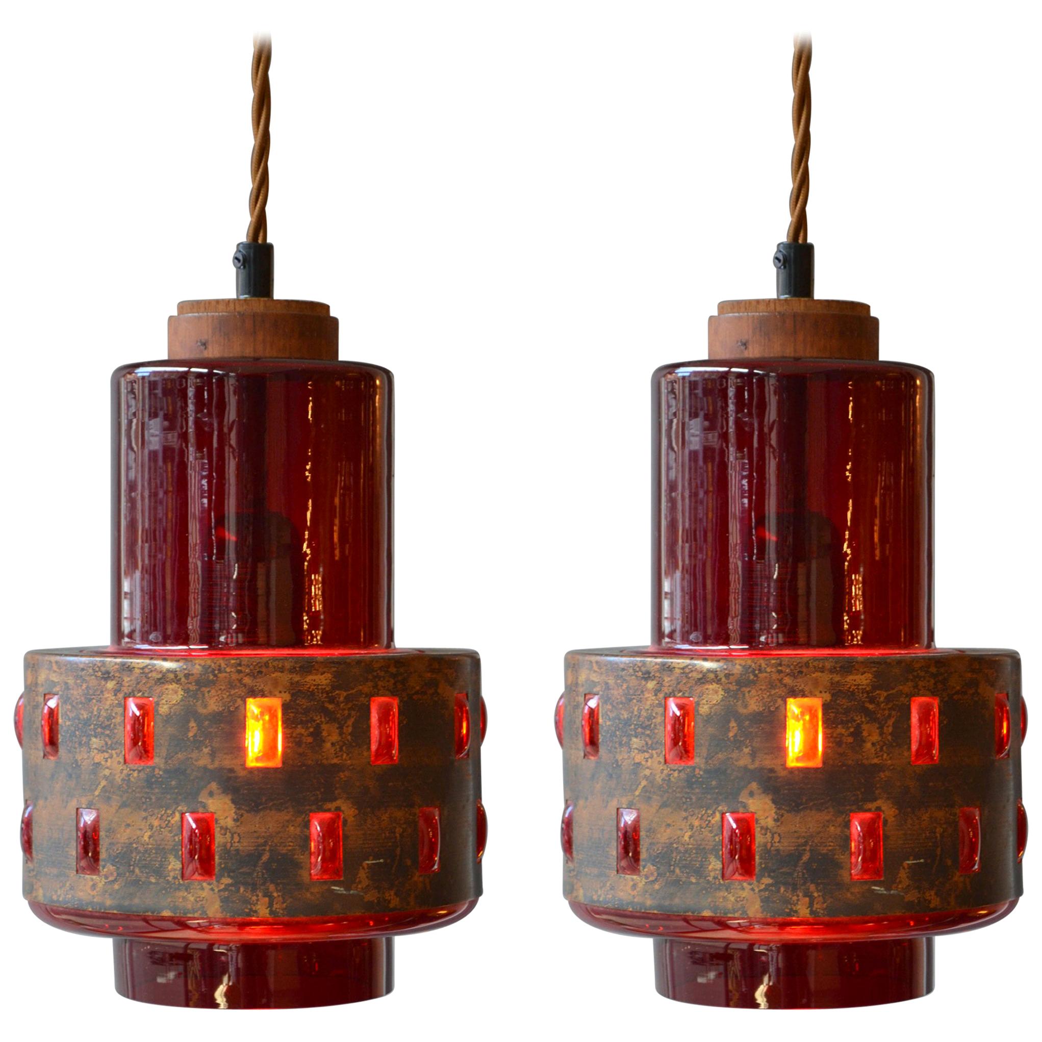 1960s Pair of Copper and Red Colored Glass Pendants by Nanda Still