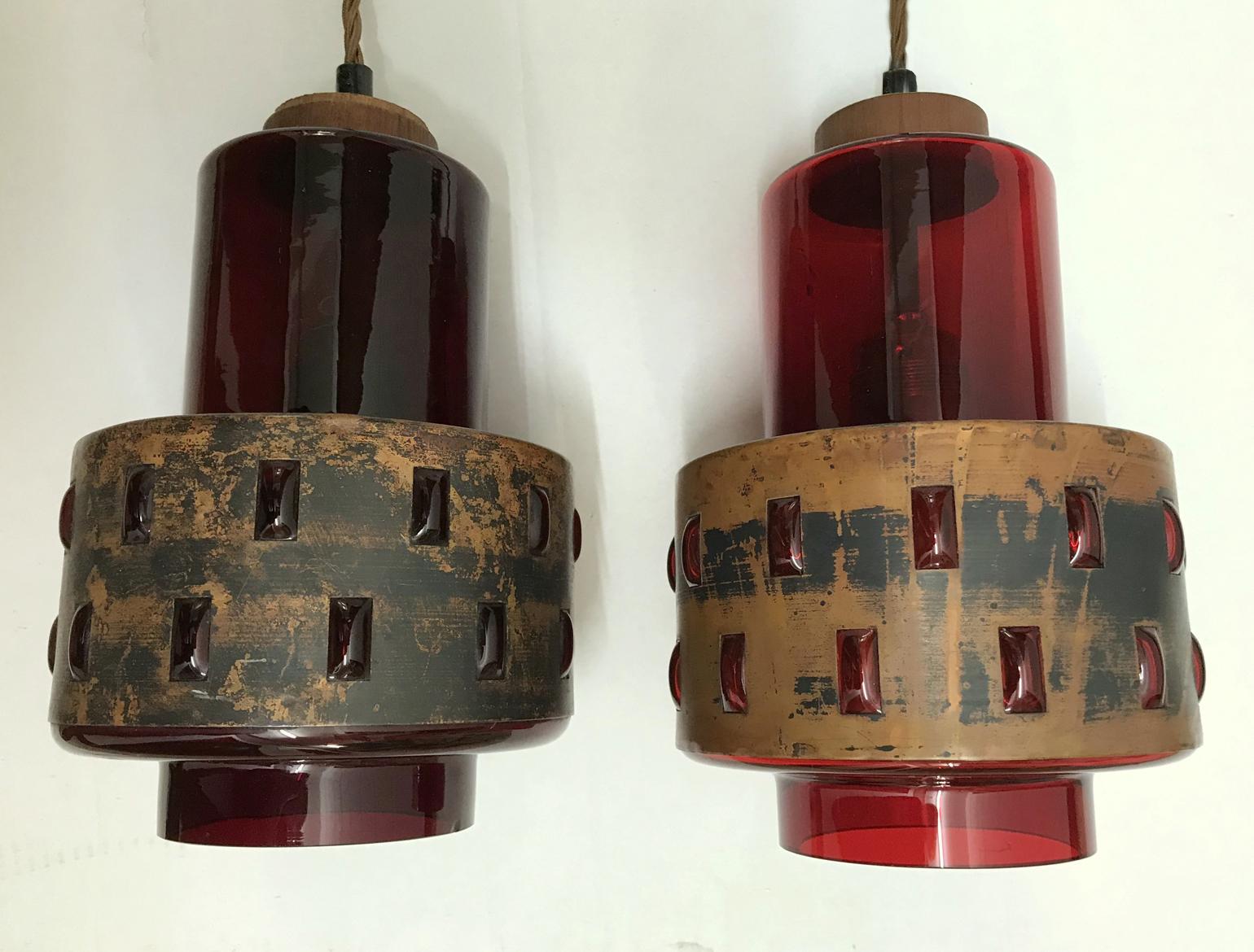 Dutch 1960s Pair of Copper and Red Colored Glass Pendants by Nanda Still