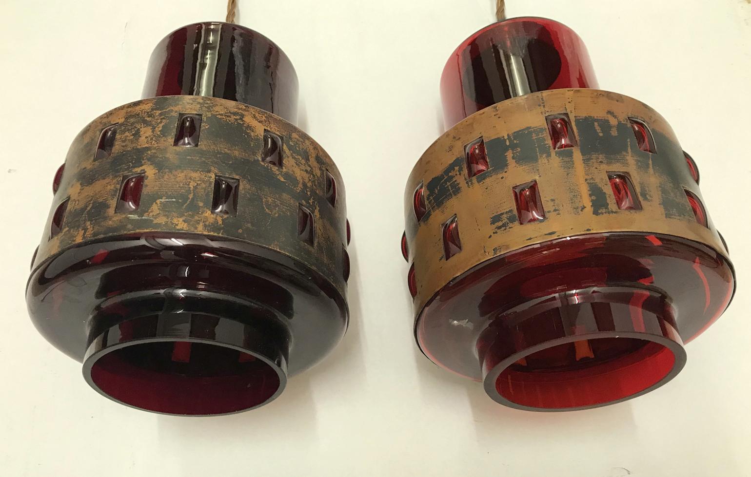 1960s Pair of Copper and Red Colored Glass Pendants by Nanda Still In Excellent Condition In London, GB