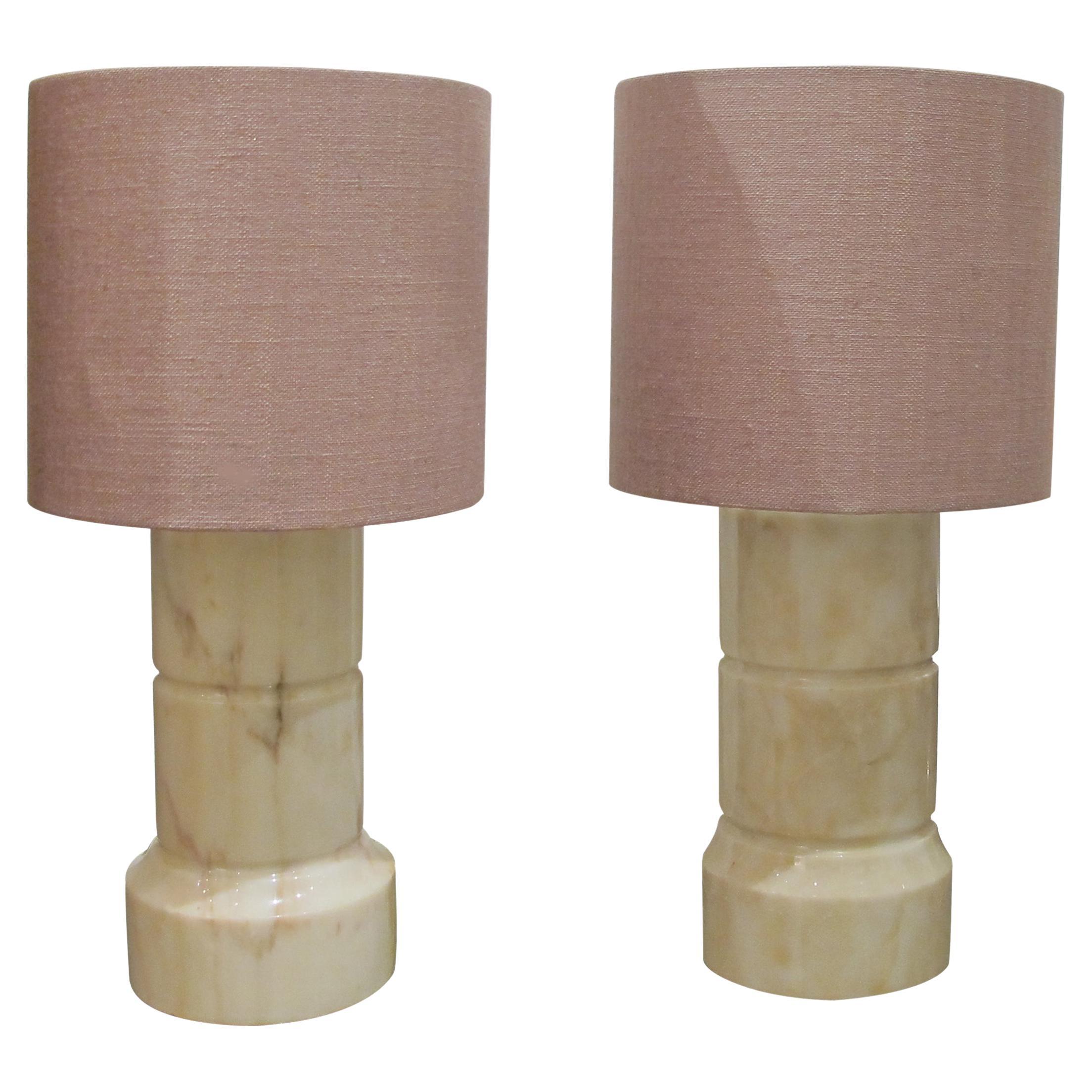 1960s Pair of Cream Marble Cylinder Table Lamps, Italian