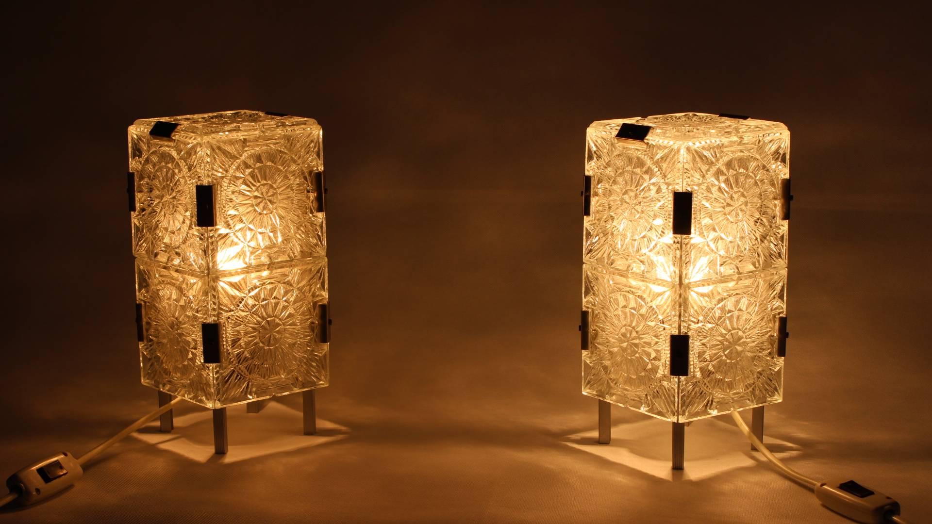 Pair of crystal glass table lamps, made in the 1960s in Kamenicky Šenov (Preciosa), Czech Republic.
