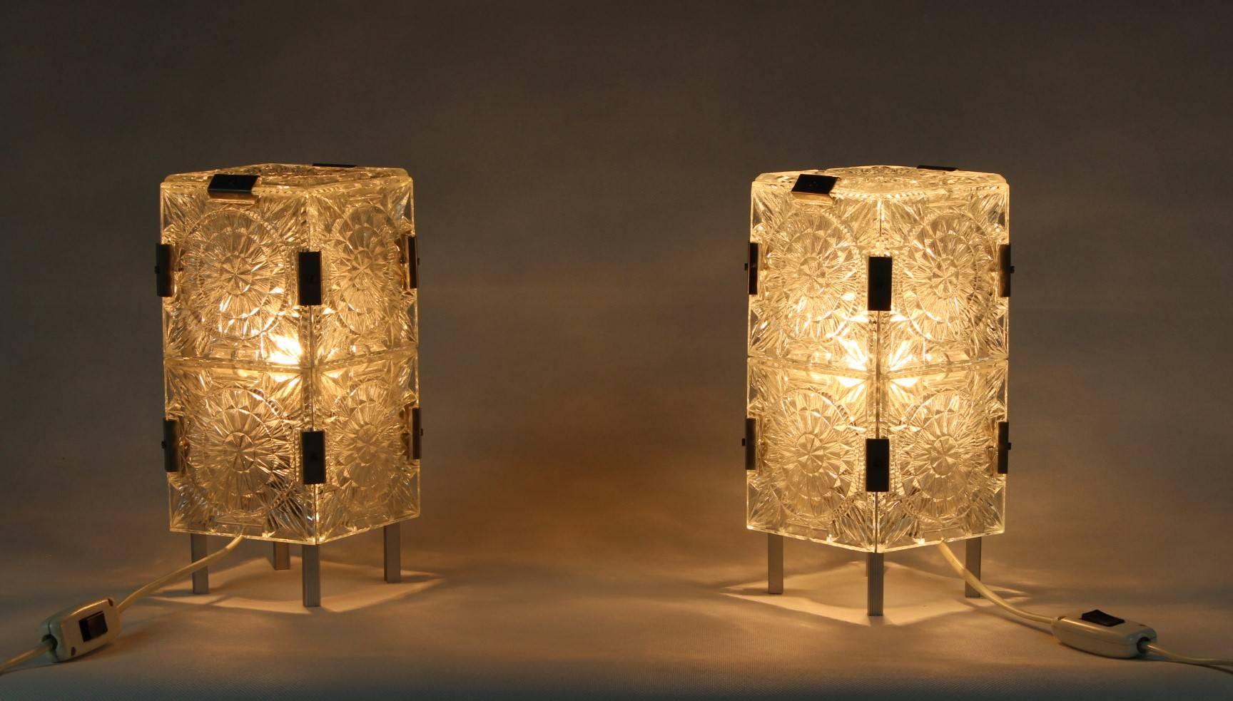 Mid-Century Modern 1960s, Pair of Crystal Glass Table Lamps, Kamenicky Šenov