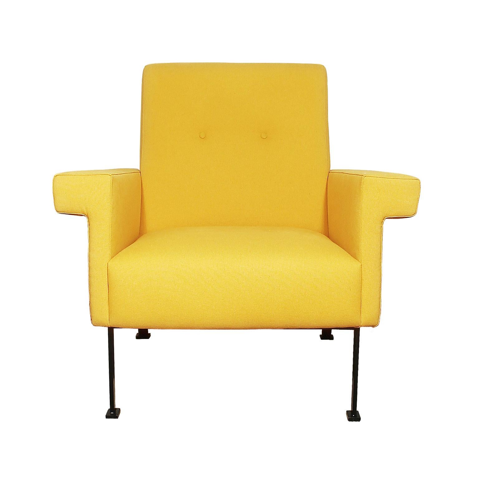 Mid-Century Modern 1960s Pair of Cubist Armchairs, Wrought Iron, Yellow Cotton Upholstery, Italy