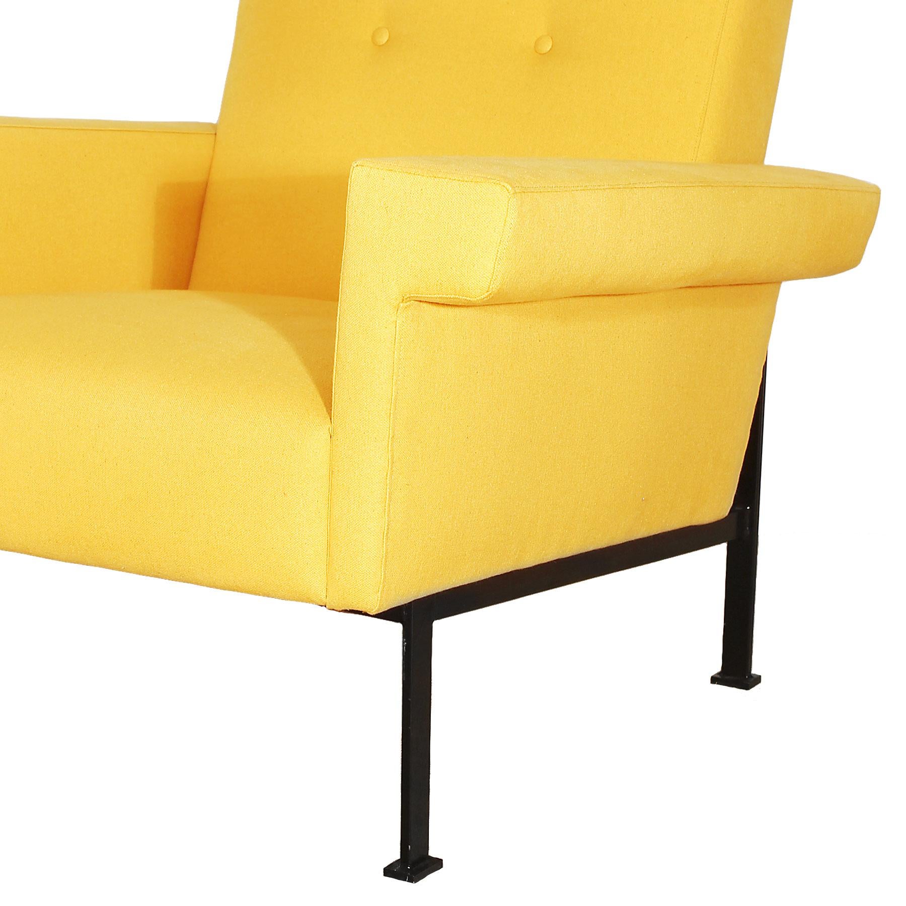 1960s Pair of Cubist Armchairs, Wrought Iron, Yellow Cotton Upholstery, Italy 2