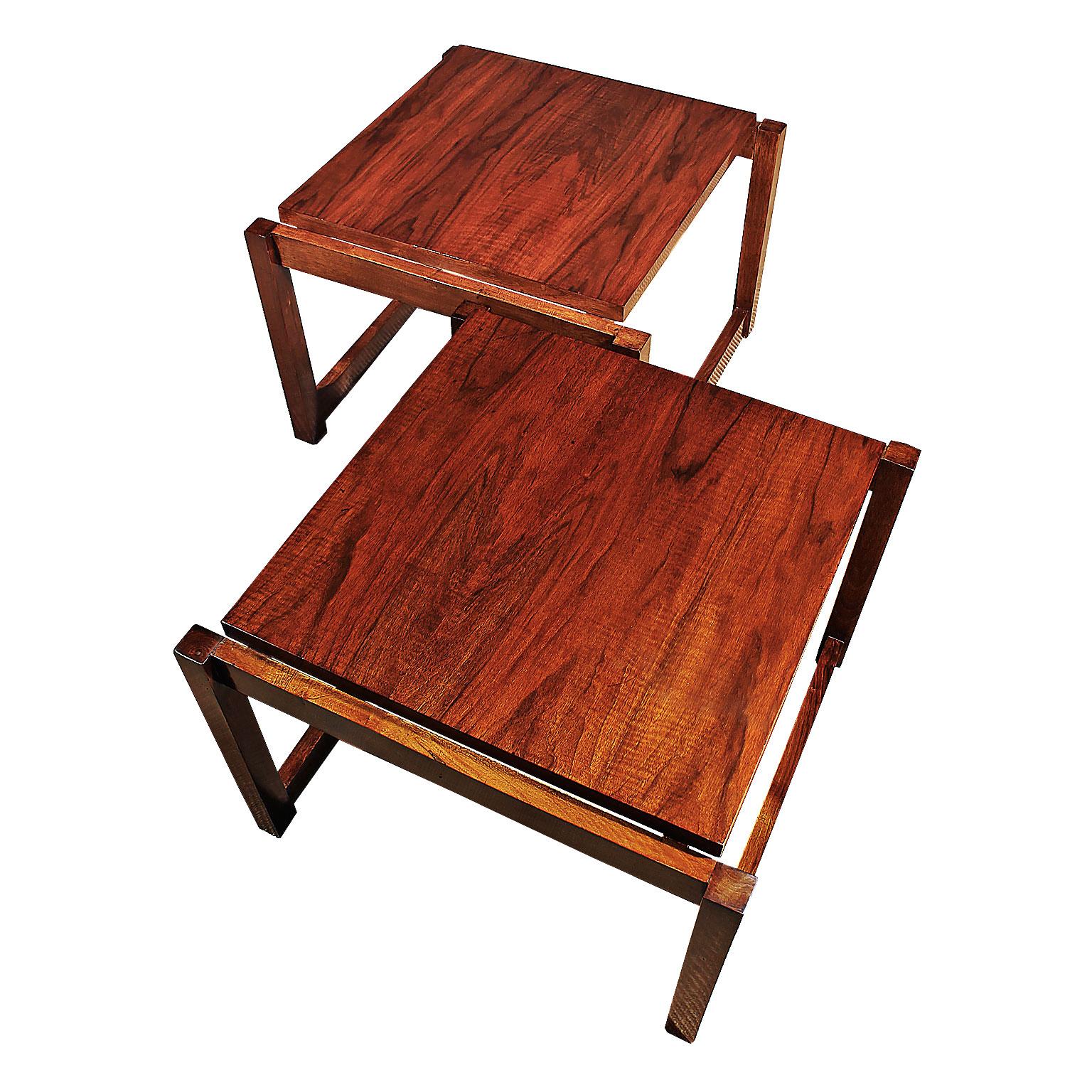 Mid-Century Modern 1960s Pair of Cubist Style Coffee Tables, Walnut, France