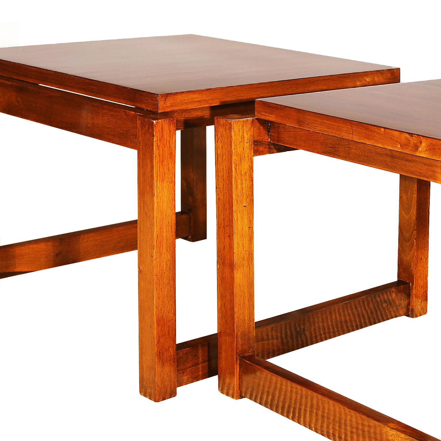 Veneer 1960s Pair of Cubist Style Coffee Tables, Walnut, France