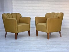 1960s, pair of Danish armchairs, green furniture wool, ash wood legs.