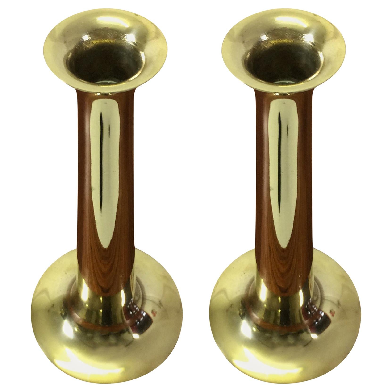 1960s Pair of Danish Hans Bolling Brass Candlesticks by T. Orskov