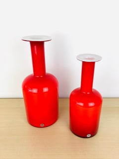 1960s Pair of Danish Modern Red Glass Vase Vessel Otto Brauer Holmegaard