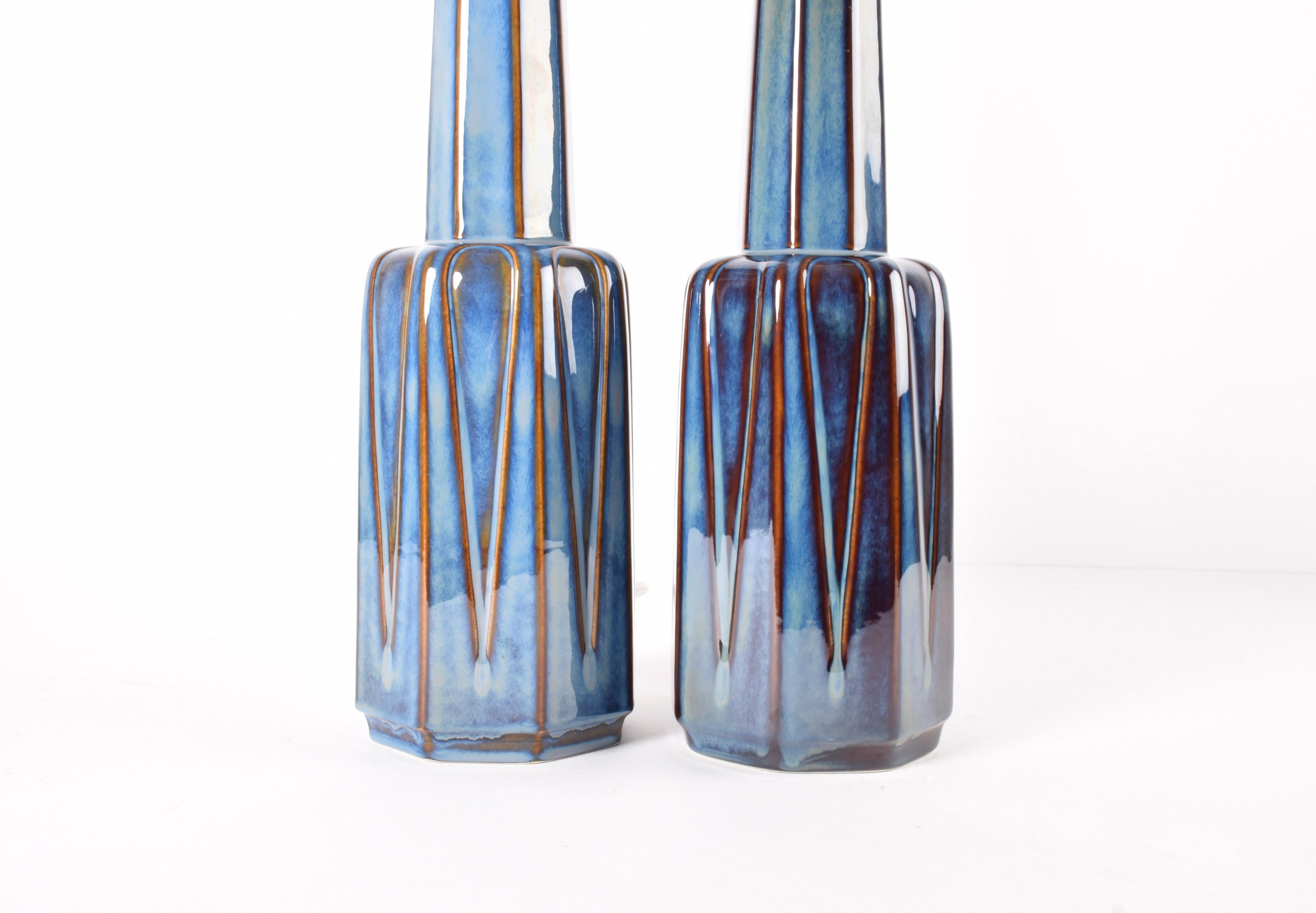 Scandinavian Modern 1960s Pair of Danish Søholm Tall Blue Ceramic Table Lamps Einar Johansen Attr. For Sale