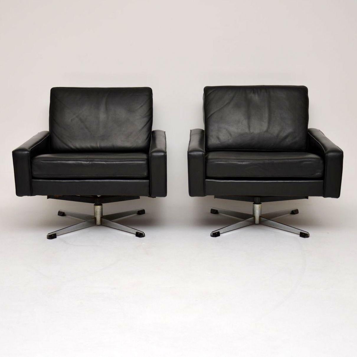 Mid-Century Modern 1960’s Pair of Danish Vintage Leather Swivel Armchairs