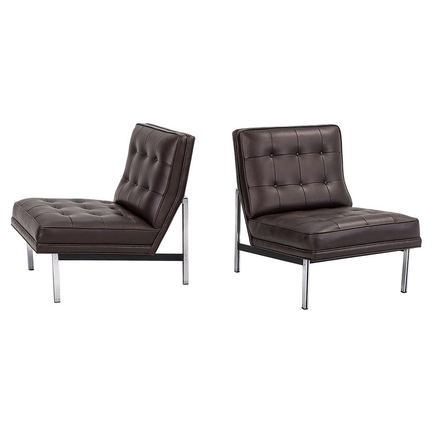 1960s Pair of Florence Knoll Parallel Bar Slipper Lounge Chairs in Bask Leather