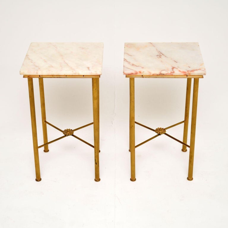 Mid-Century Modern 1960's Pair of French Brass & Marble Side Tables