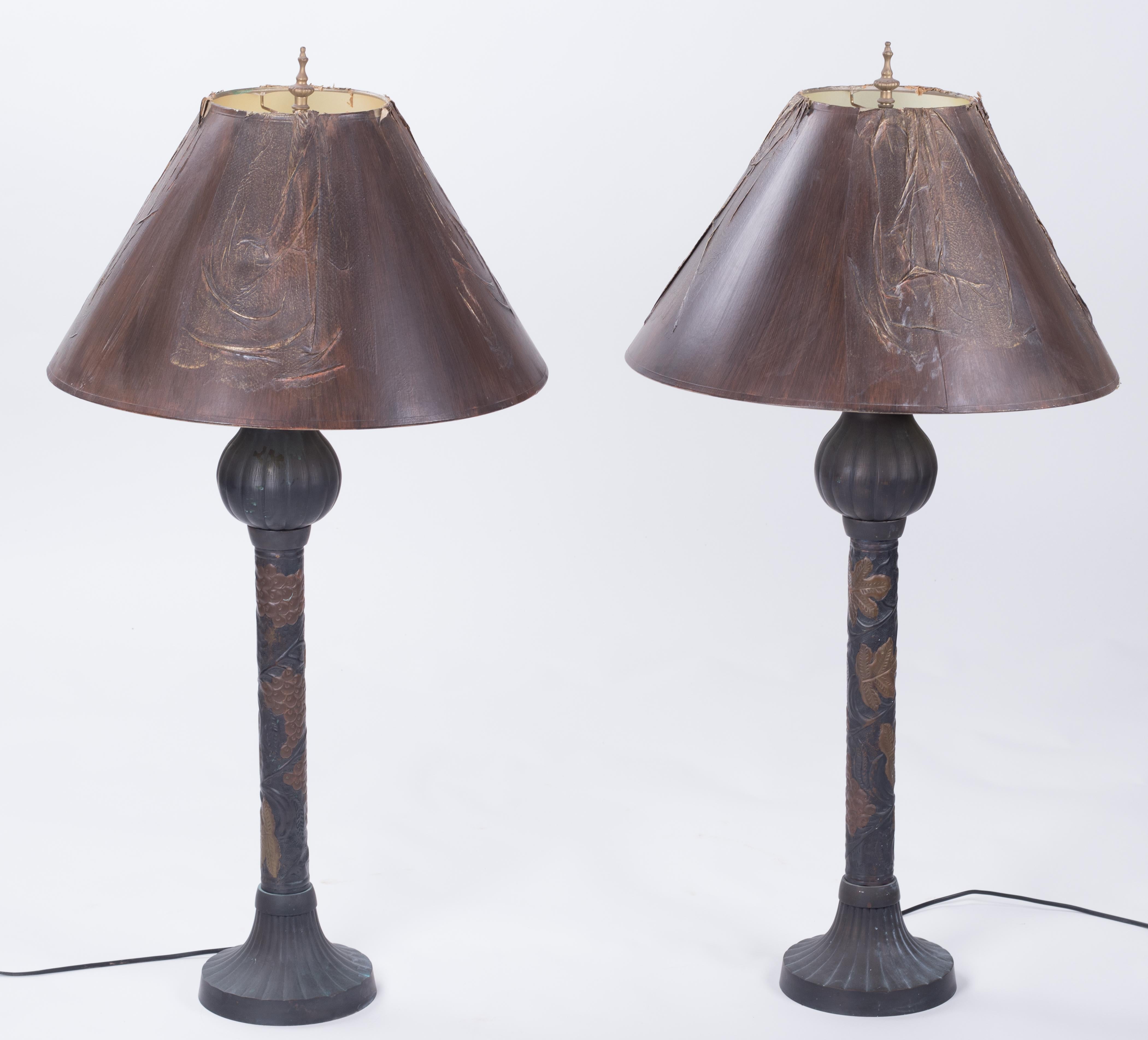 1960s pair of French metal table lamps with vegetable motifs.