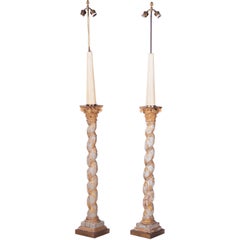 1960s Pair of French Polychrome Hand Carved Wooden Standing Lamps