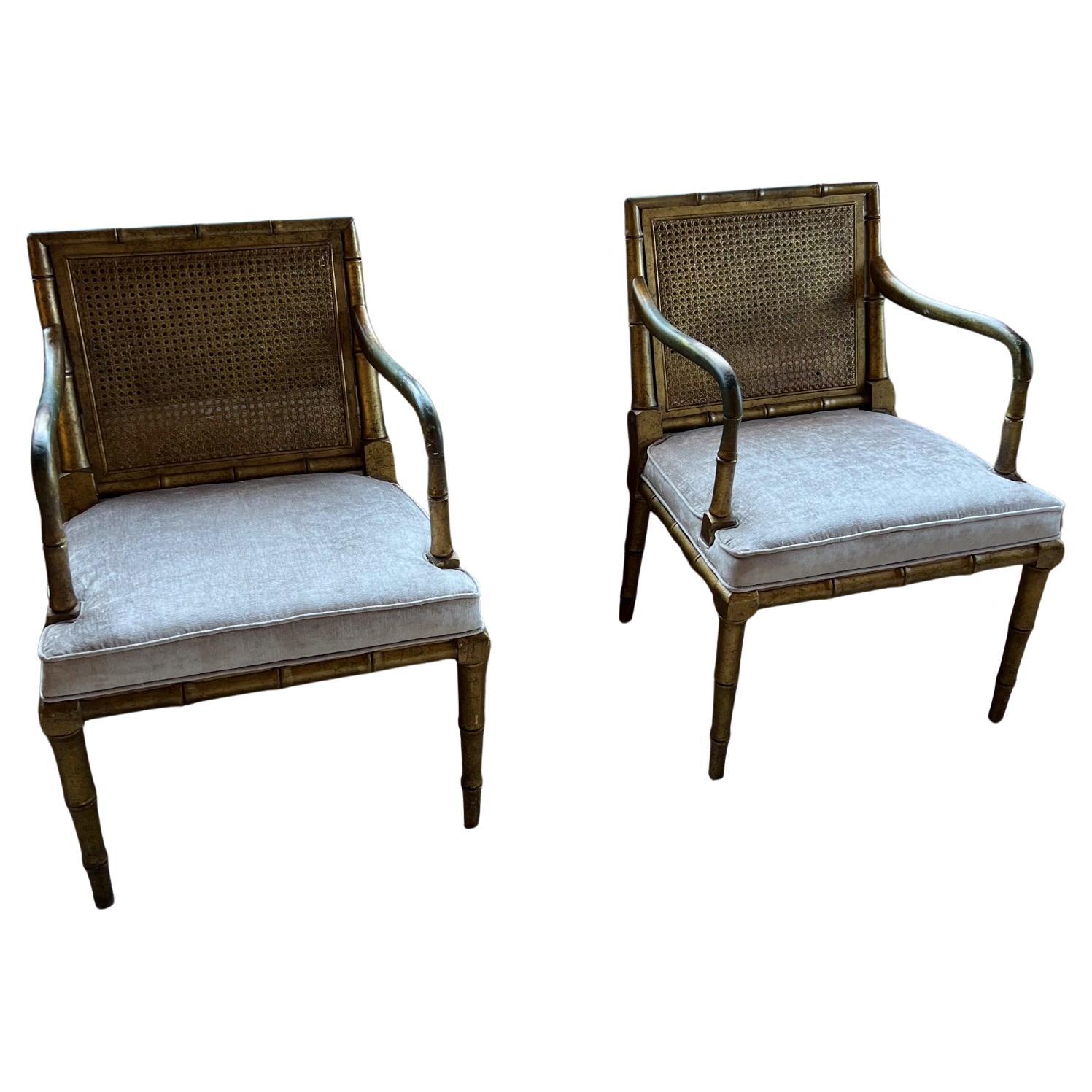1960s Pair of Gilded Faux Bamboo Hollywood Regency Style Armchairs For Sale