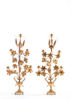 1960s Pair of Gilt Tole Italian Candelabra in the Hollywood Regency Style