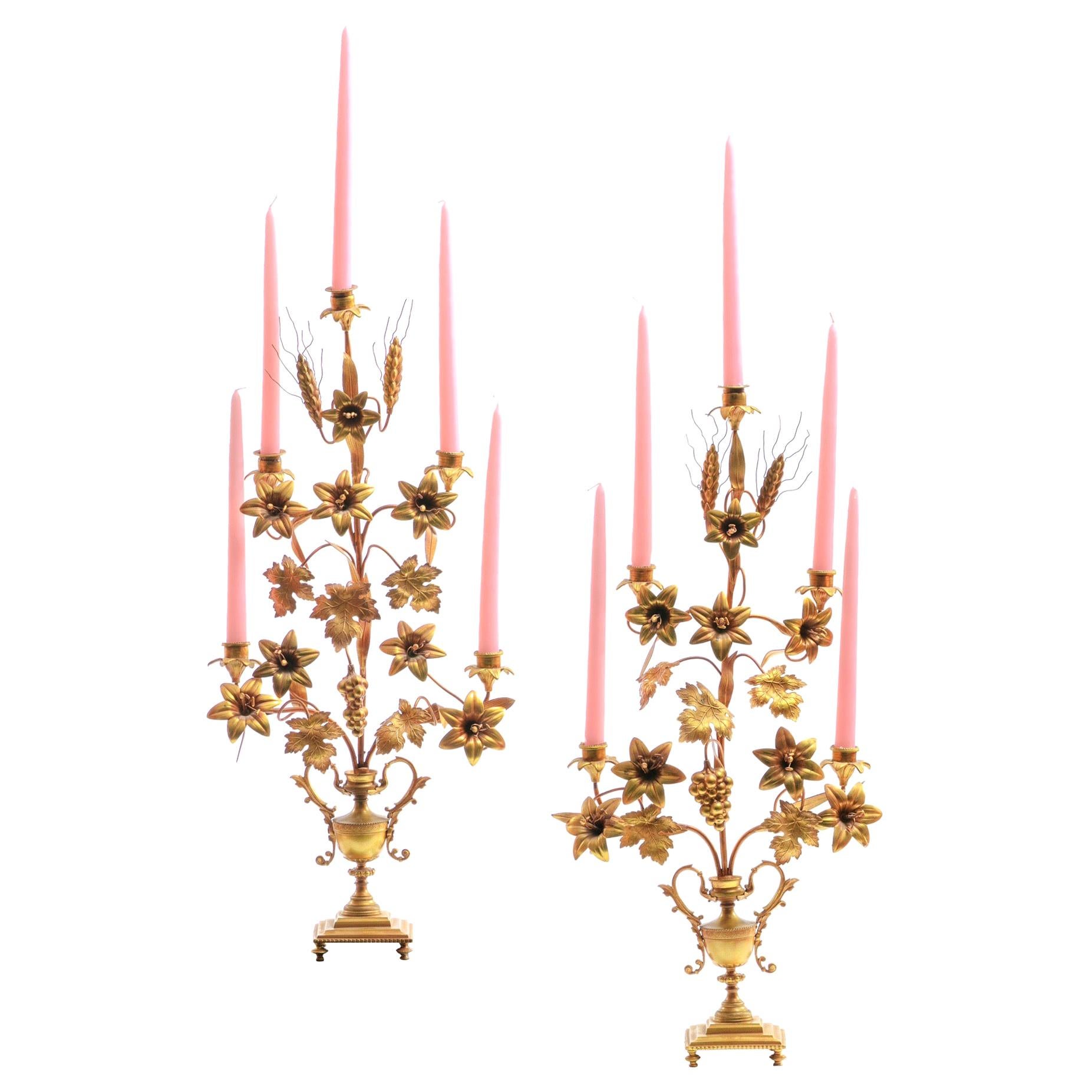 1960s Pair of Gilt Tole Italian Candelabra in the Hollywood Regency Style