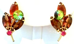 1960'S Pair Of Gold & Austrian Crystal Abstract Flower Earrings
