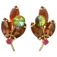 Vintage 1960'S Pair Of Gold & Austrian Crystal Abstract Flower Earrings