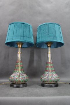 1960s Pair of Hand Painted Glass Table Lamps with New Fabric Shade, Czechoslovak