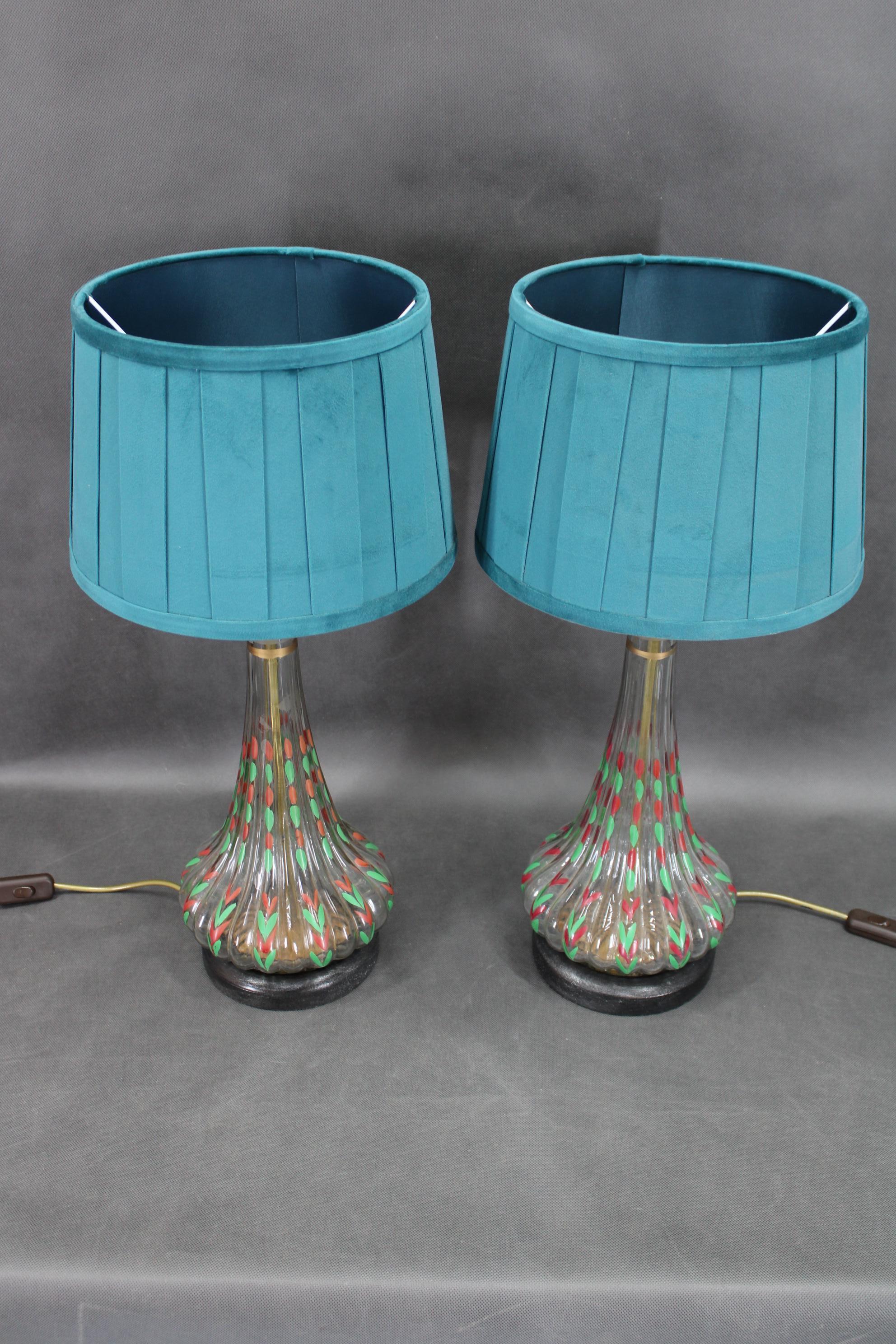 Mid-Century Modern 1960s Pair of Hand Painted Glass Table Lamps with New Fabric Shade, Czechoslovak For Sale