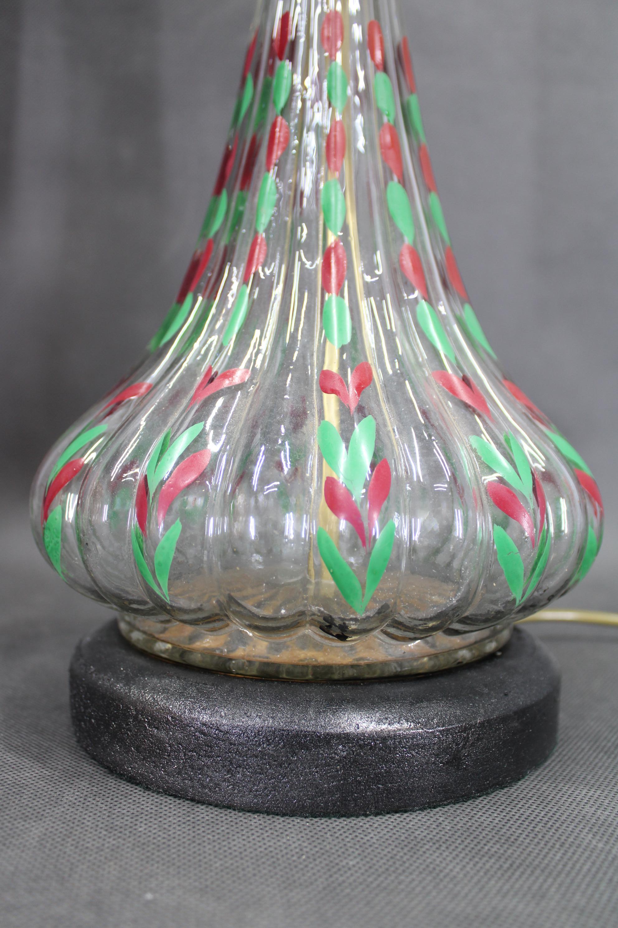 1960s Pair of Hand Painted Glass Table Lamps with New Fabric Shade, Czechoslovak In Good Condition For Sale In Praha, CZ