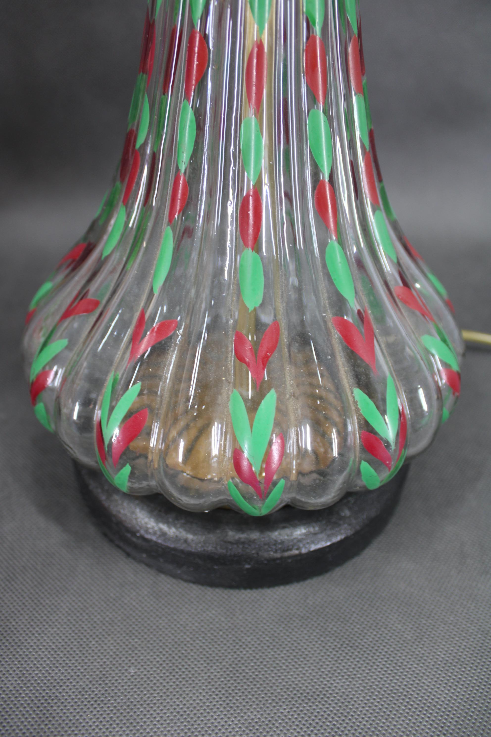 20th Century 1960s Pair of Hand Painted Glass Table Lamps with New Fabric Shade, Czechoslovak For Sale