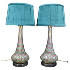 1960s Pair of Hand Painted Glass Table Lamps with New Fabric Shade, Czechoslovak