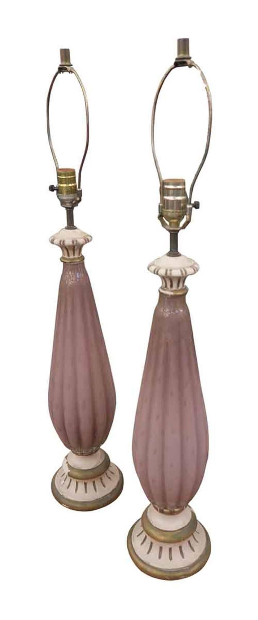 Italian 1960s Pair of Handblown Pink Fluted Murano Glass Lamps
