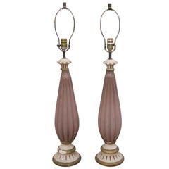 1960s Pair of Handblown Pink Fluted Murano Glass Lamps