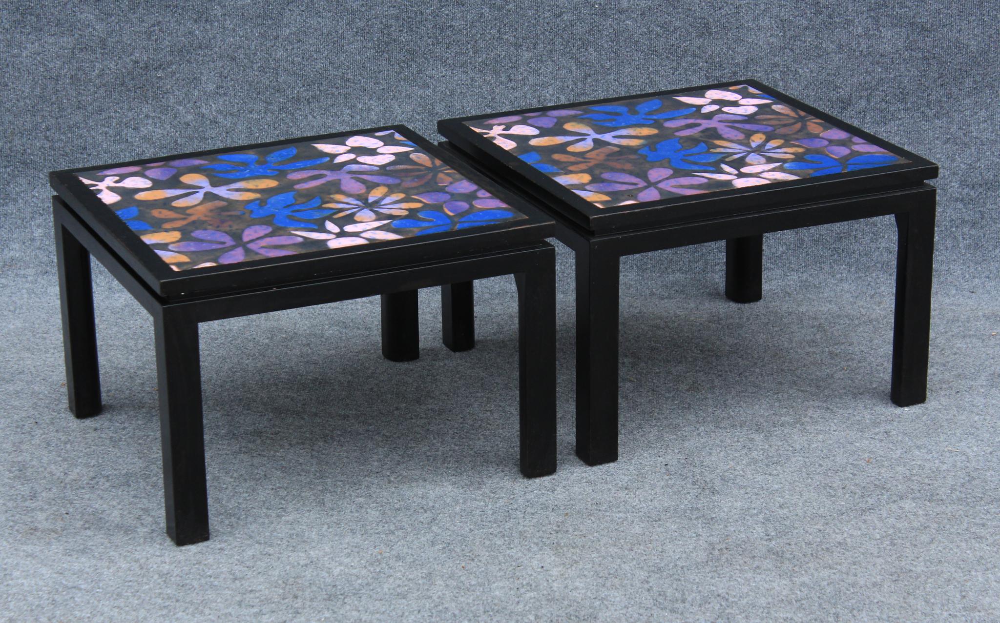 Enameled 1960s Pair of Harvey Probber Copper & Mahogany Flower-Top Side Tables For Sale