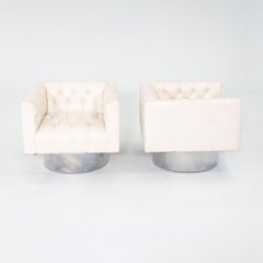1960s Pair of Harvey Probber Cube Swivel Lounge Chairs in Tufted White Leather