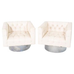 1960s Pair of Harvey Probber Cube Swivel Lounge Chairs in Tufted White Leather