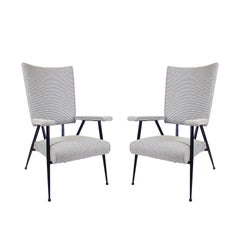 1960s Pair of High Backs Armchairs, Steel Tube Structure, New Fabric, France