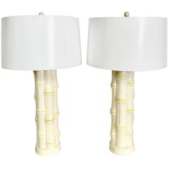 1960s Pair of Hollywood Regency Ceramic Glaze Faux-Bamboo Table Lamps