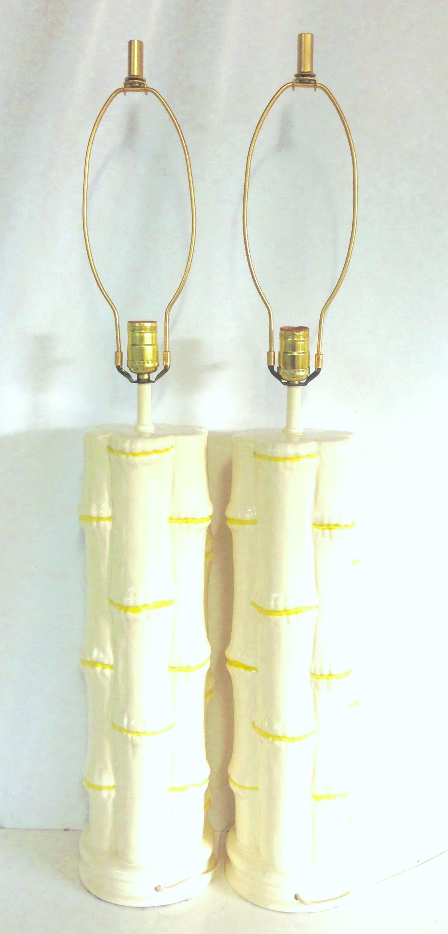 1960s Pair of Hollywood Regency Ceramic Glaze Faux-Bamboo Table Lamps In Good Condition In West Palm Beach, FL