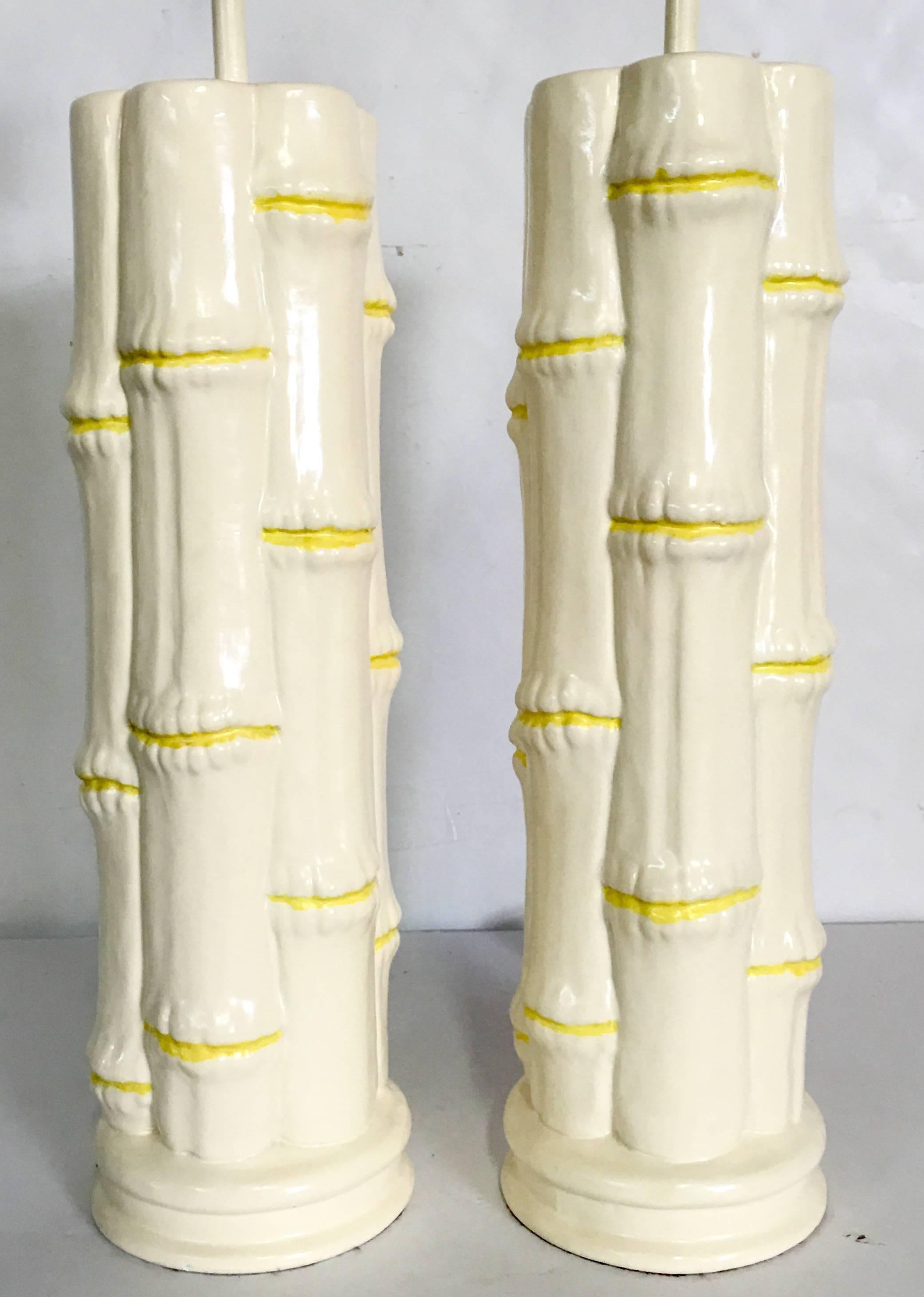 Mid-20th Century 1960s Pair of Hollywood Regency Ceramic Glaze Faux-Bamboo Table Lamps