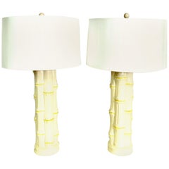 1960s Pair of Hollywood Regency Ceramic Glaze Faux-Bamboo Table Lamps