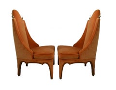 1960s Pair of Hollywood Regency Slipper Chairs in Orange with Wood Trim